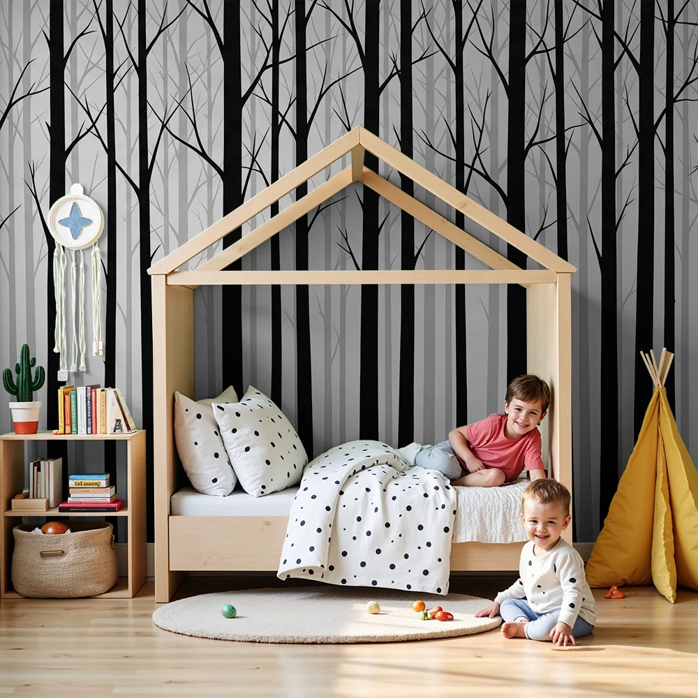 Tapet barnerom | Minimalistisk skog i svart og hvitt