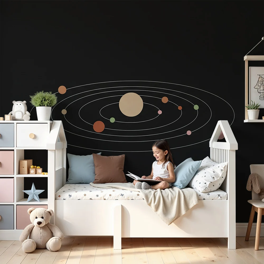 Tapet barnerom | Minimalistisk solsystem med fargerike planeter