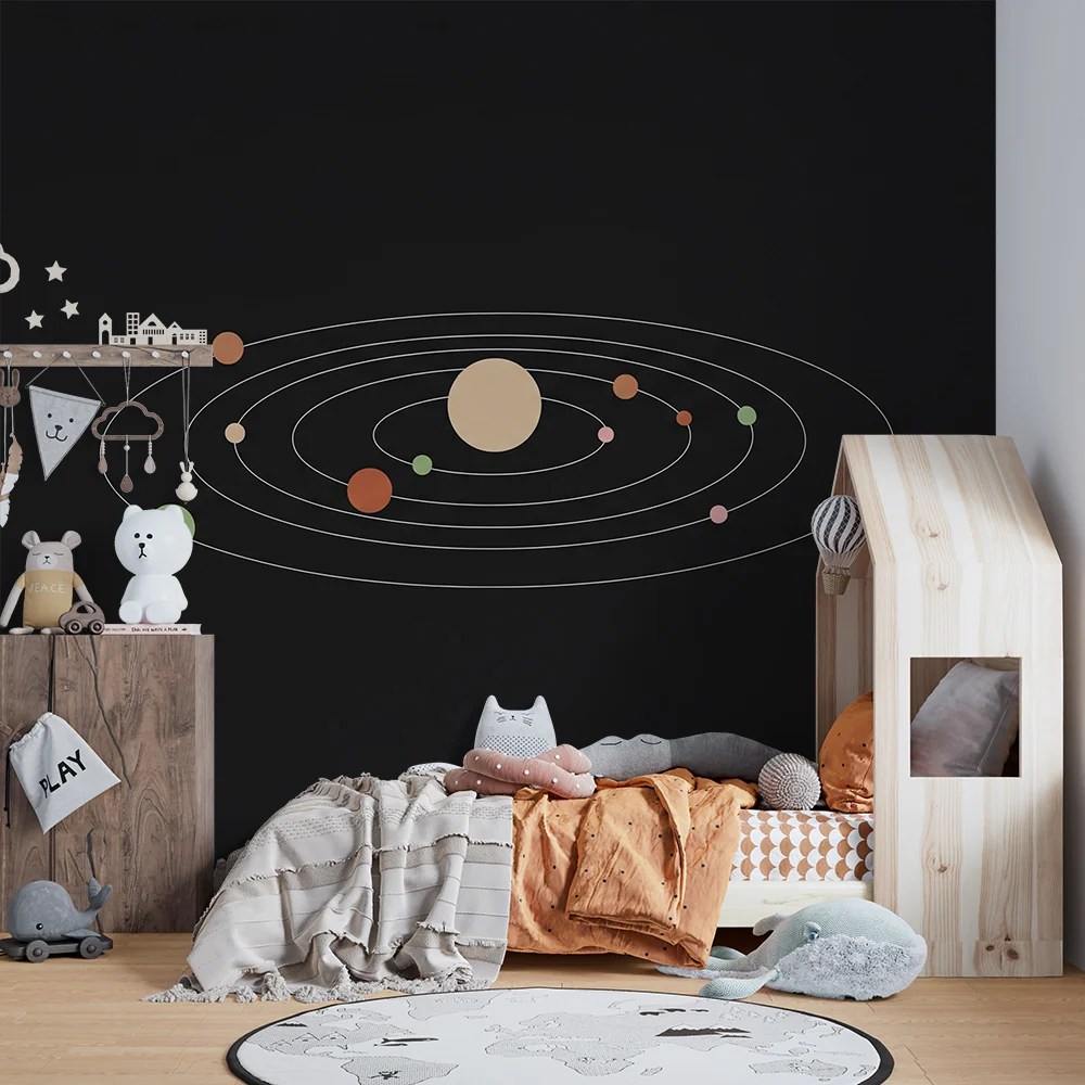Tapet barnerom | Minimalistisk solsystem med fargerike planeter