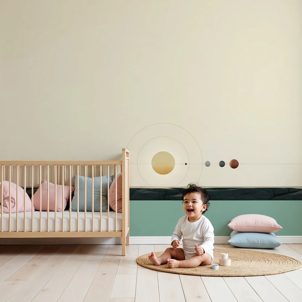 Tapet barnerom | Minimalistisk solsystem med fargerike planeter