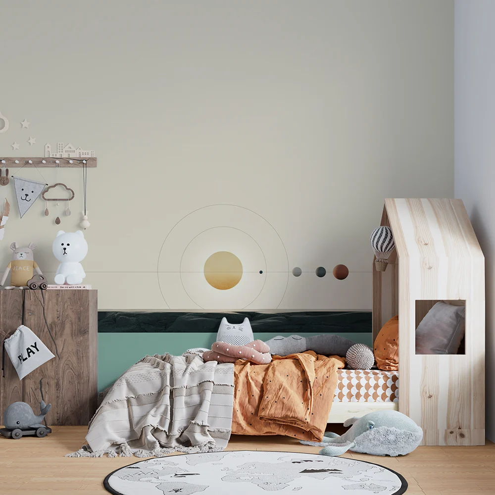 Tapet barnerom | Minimalistisk solsystem med fargerike planeter