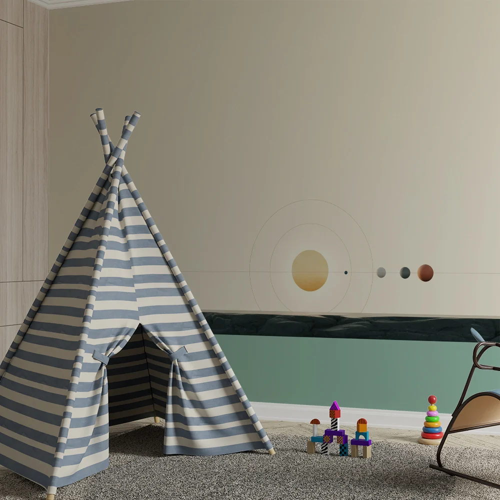 Tapet barnerom | Minimalistisk solsystem med fargerike planeter