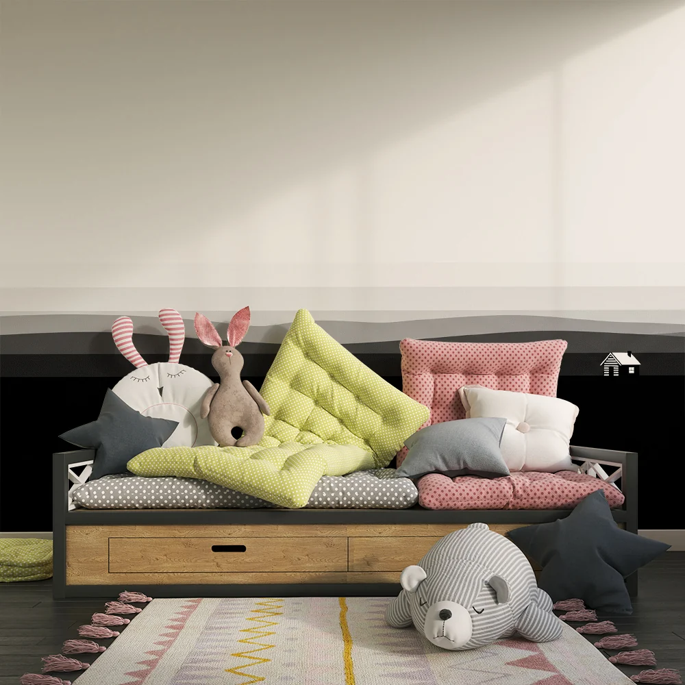 Tapet barnerom | Minimalistisk svart-hvitt landskap med hus