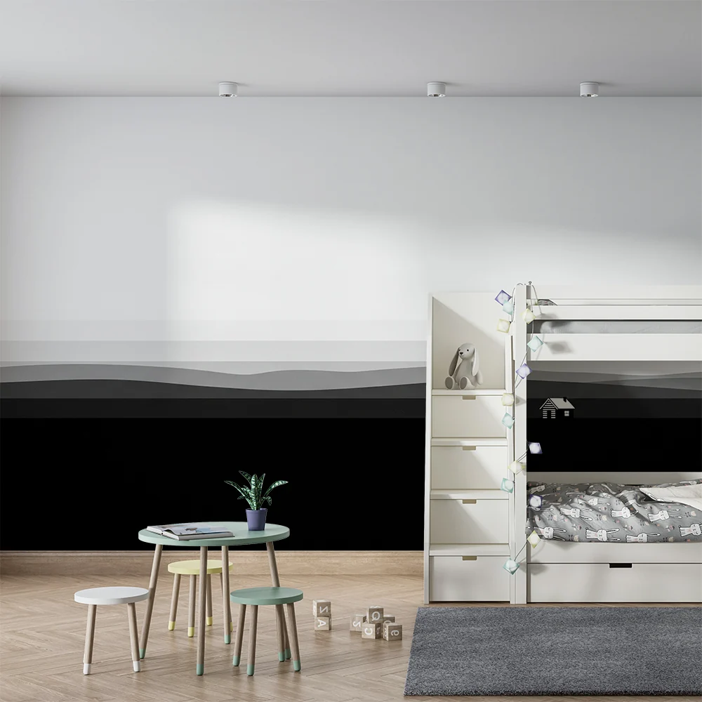 Tapet barnerom | Minimalistisk svart-hvitt landskap med hus