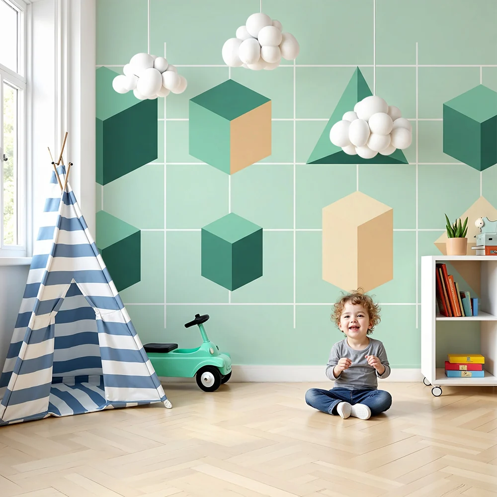 Tapet barnerom | Moderne geometriske former på pastellbakgrunn