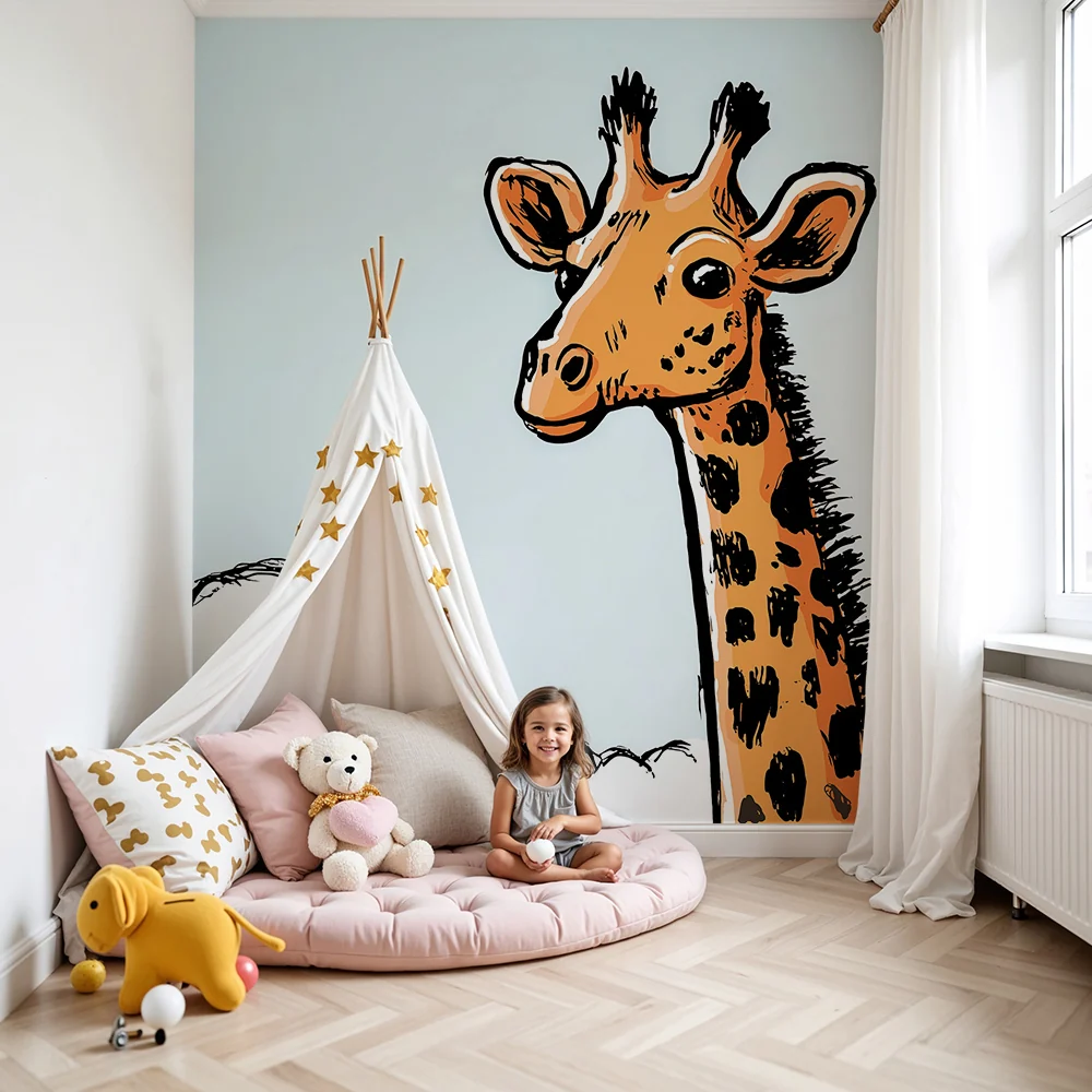 Tapet barnerom | Morsom giraff dukker opp fra skyene