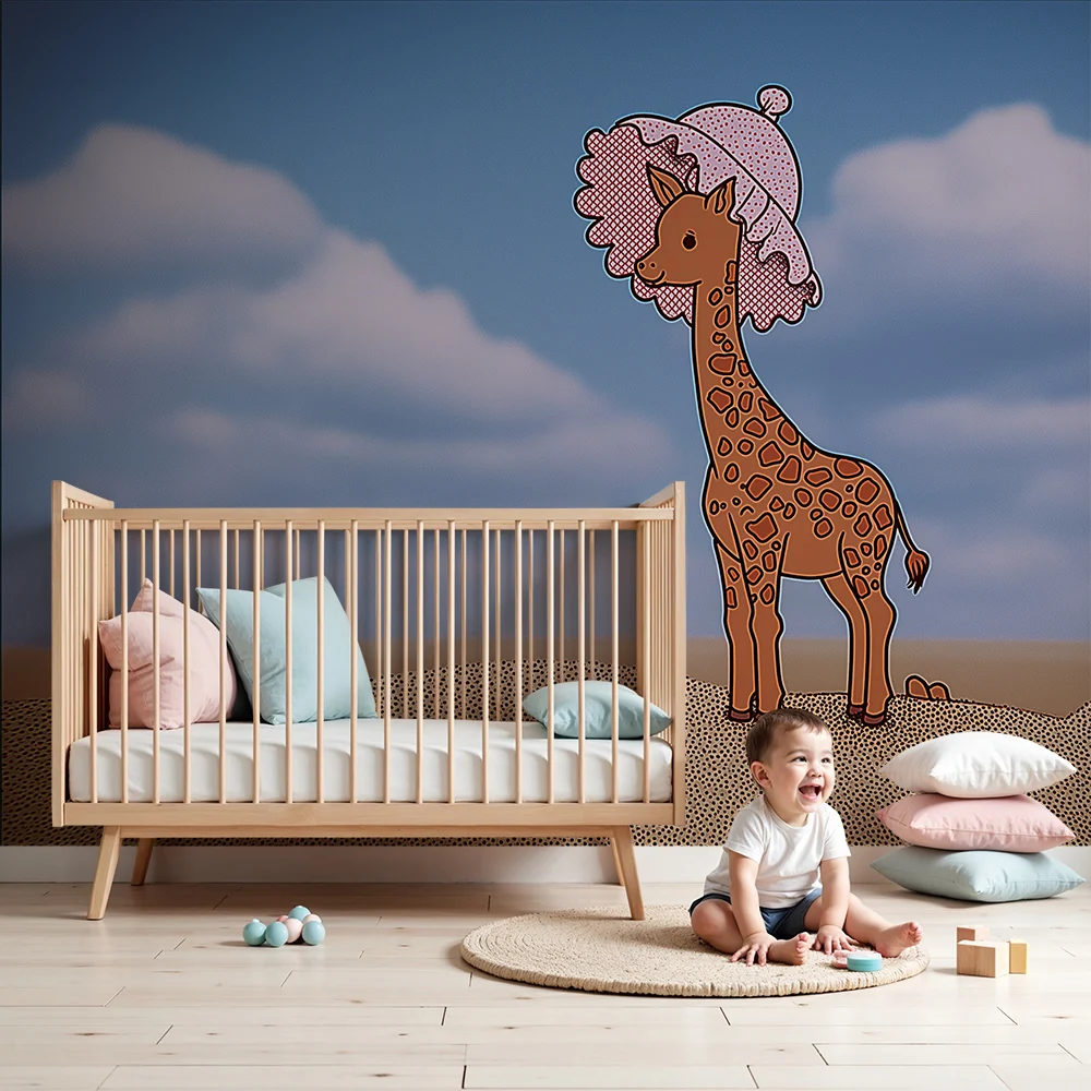 Tapet barnerom | Morsom giraff med en hatt på himmelbakgrunn