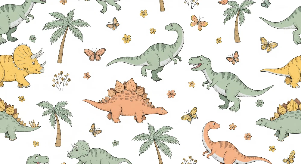 Tapet barnerom | Morsomme dinosaurer og fargerik natur