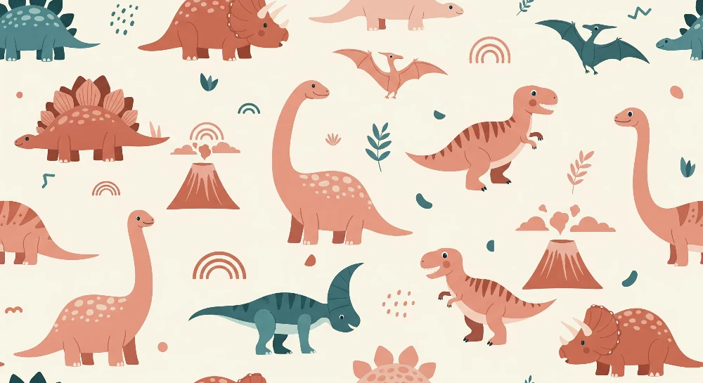 Tapet barnerom | Morsomme dinosaurer og fargerike forhistoriske landskap