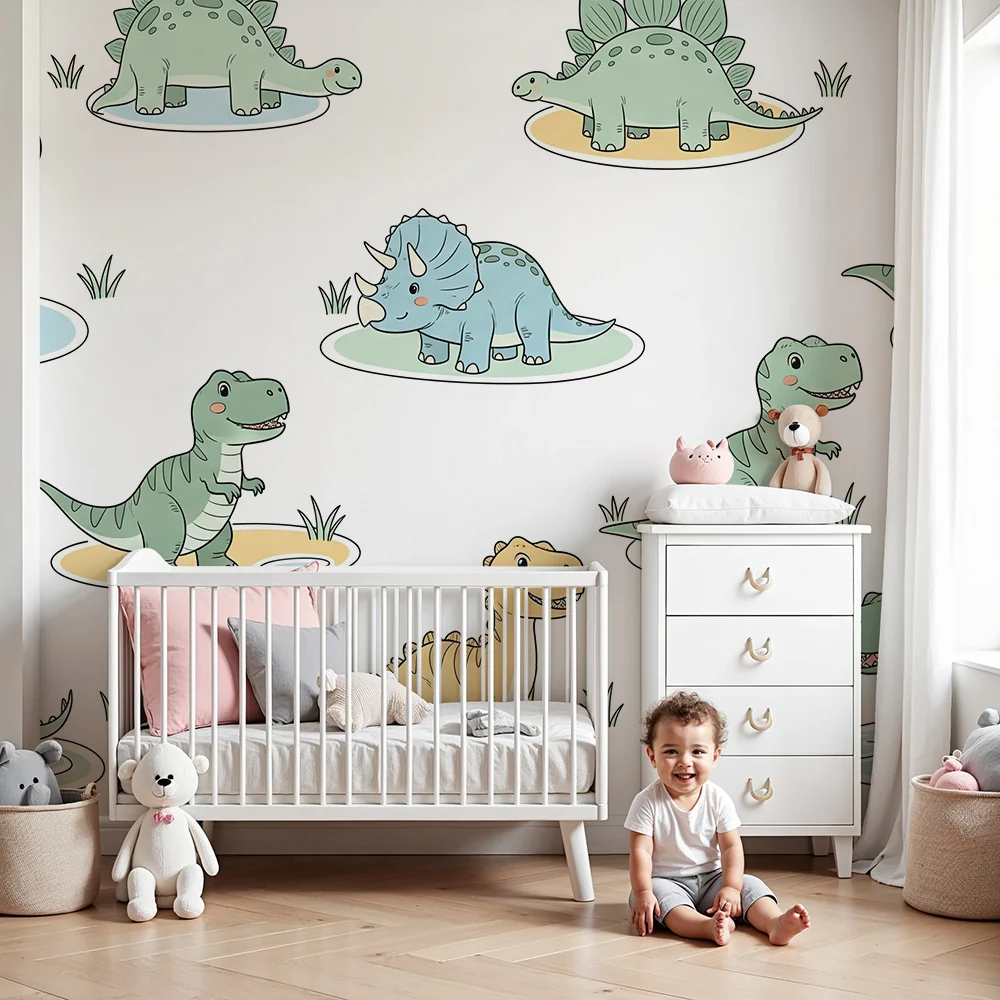 Tapet barnerom | Morsomme dinosaurer i en leken innredning