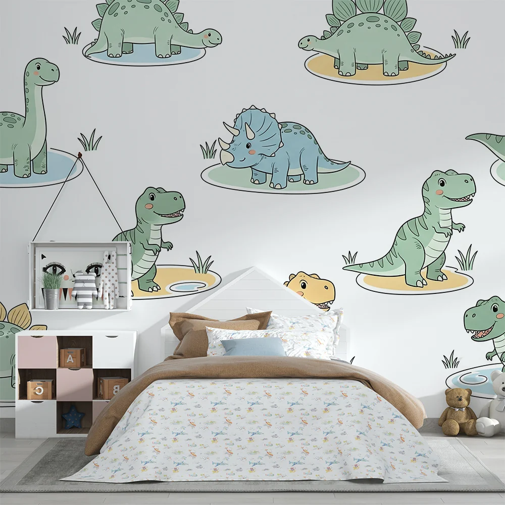 Tapet barnerom | Morsomme dinosaurer i en leken innredning
