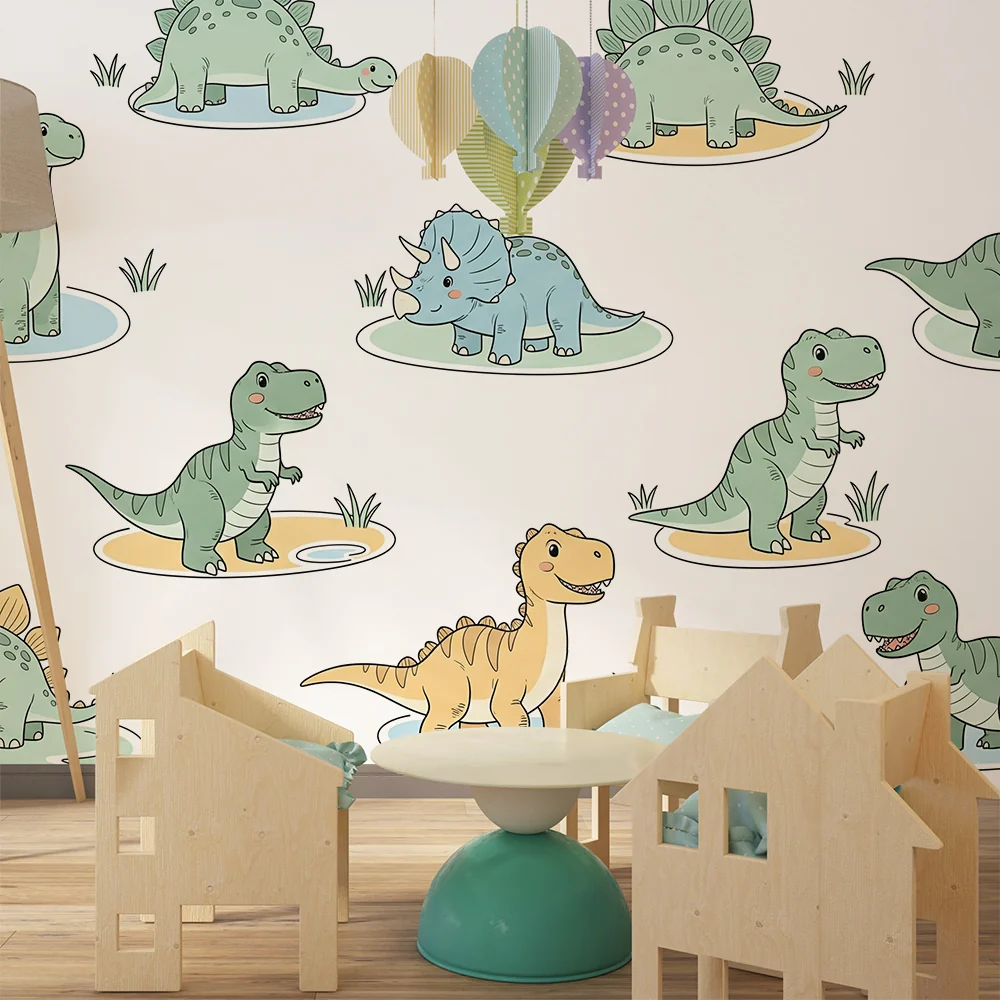 Tapet barnerom | Morsomme dinosaurer i en leken innredning