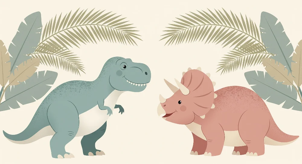 Tapet barnerom | Morsomme dinosaurer midt blant palmer