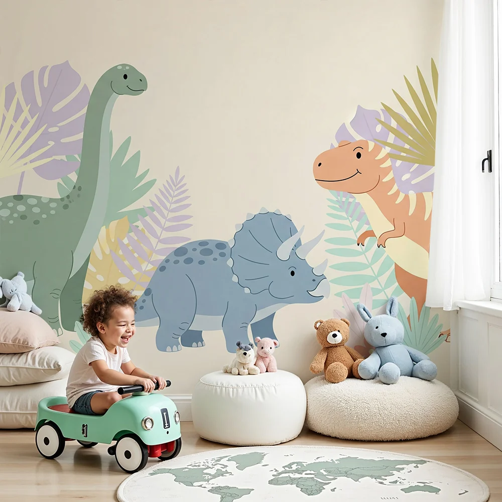 Tapet barnerom | Morsomme dinosaurer midt blant fargerike blader