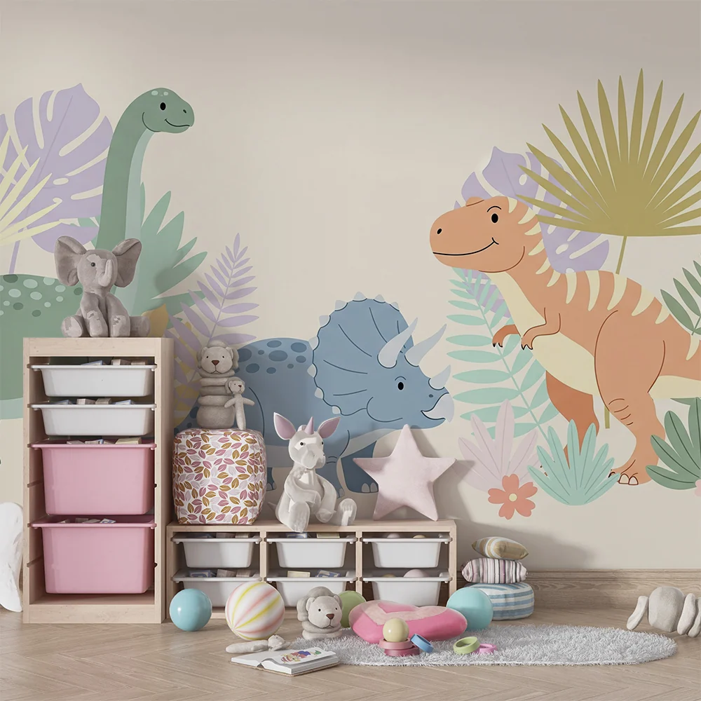 Tapet barnerom | Morsomme dinosaurer midt blant fargerike blader