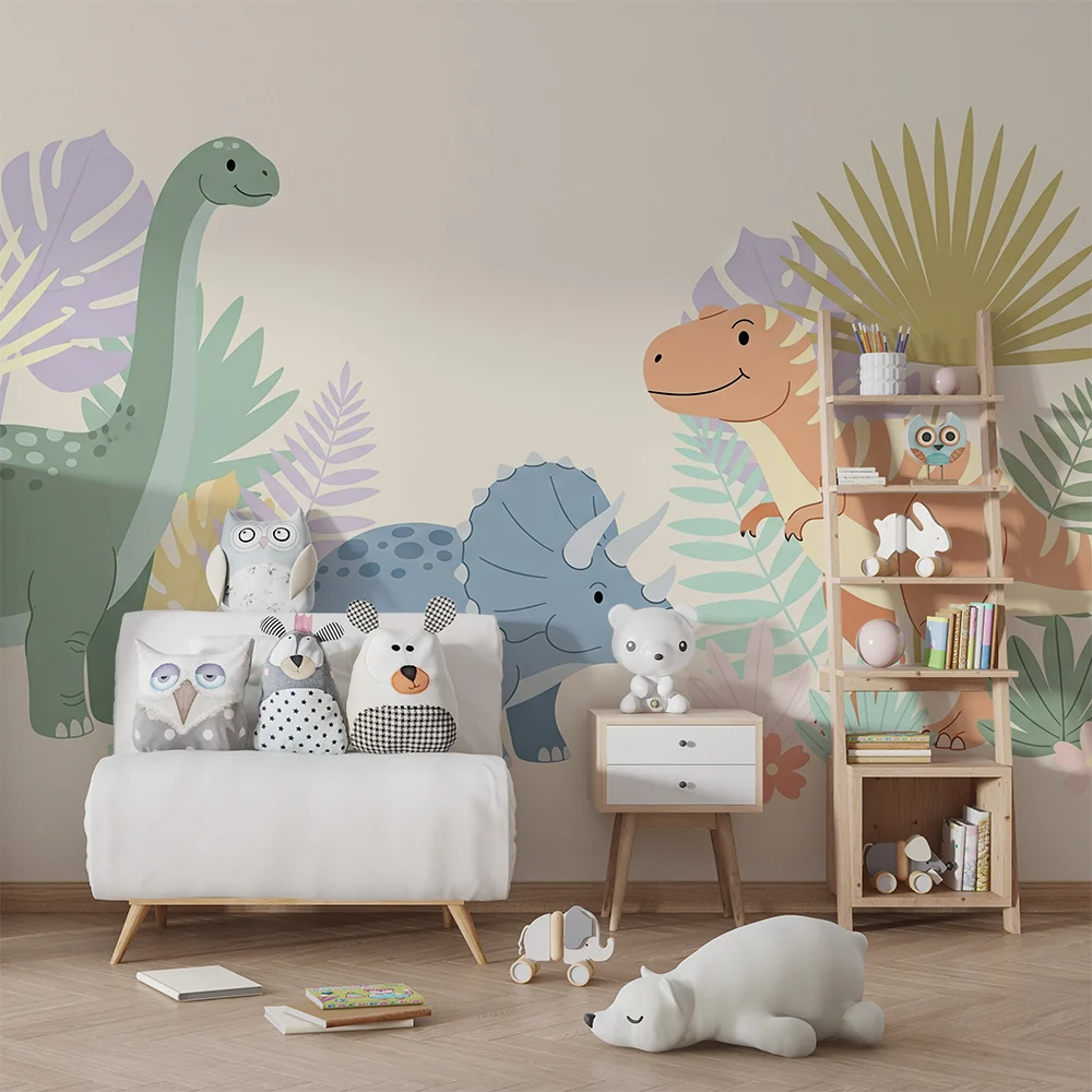 Tapet barnerom | Morsomme dinosaurer midt blant fargerike blader