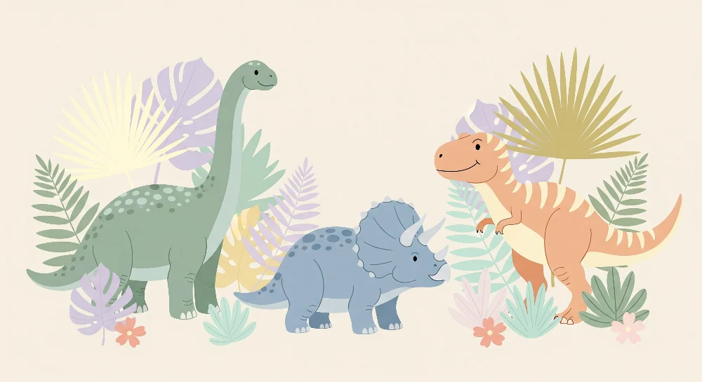 Tapet barnerom | Morsomme dinosaurer midt blant fargerike blader