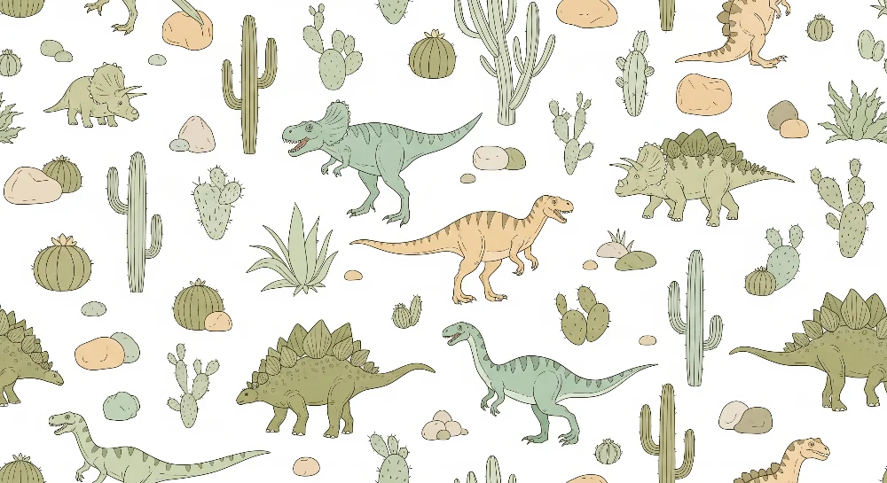 Tapet barnerom | Morsomme dinosaurer midt blant kaktuser og steiner