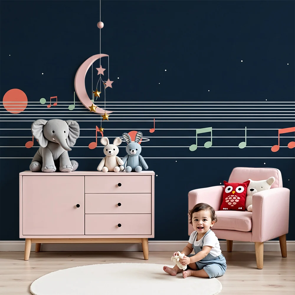 Tapet barnerom | Musikkunivers med noter og fargerike planeter