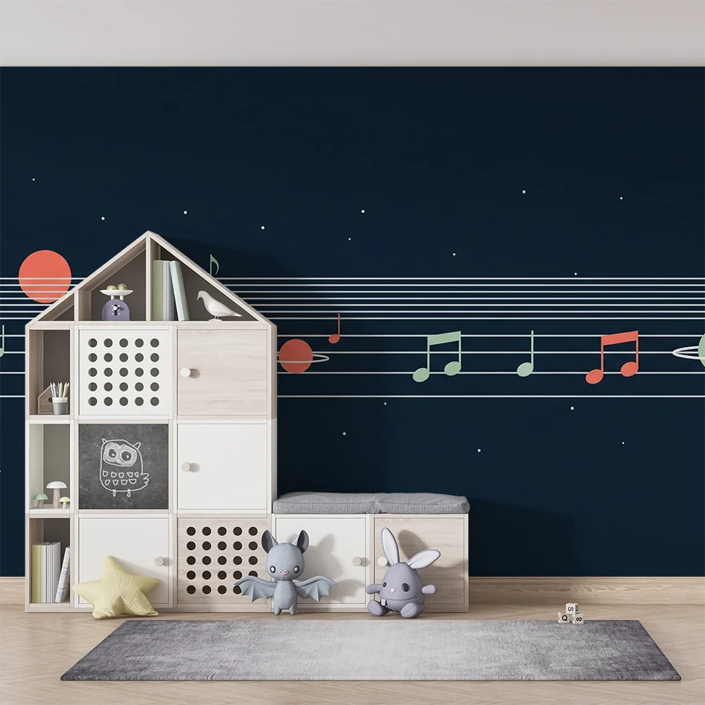 Tapet barnerom | Musikkunivers med noter og fargerike planeter