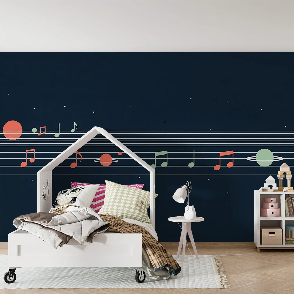Tapet barnerom | Musikkunivers med noter og fargerike planeter
