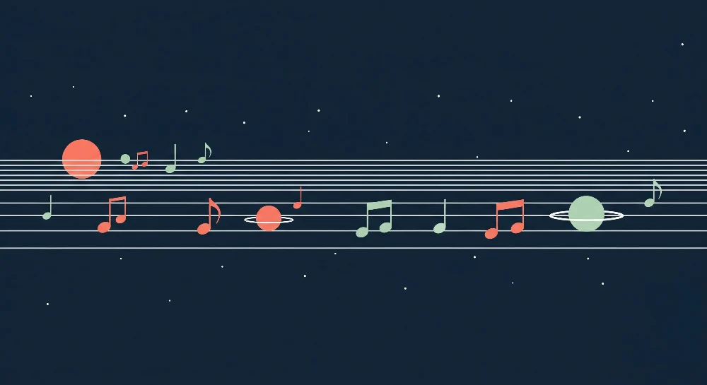 Tapet barnerom | Musikkunivers med noter og fargerike planeter