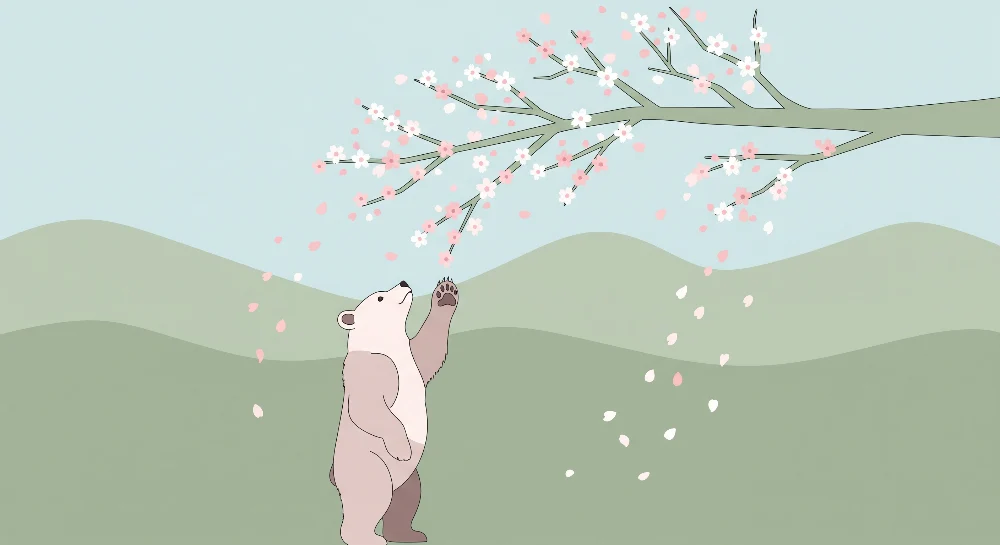 Tapet barnerom | Nysgjerrig bjørn under et blomstrende tre