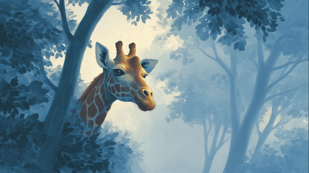 Tapet barnerom | Nysgjerrig giraff midt i en tåkete skog
