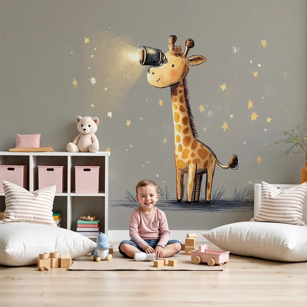 Tapet barnerom | Nysgjerrig giraff under en stjernehimmel