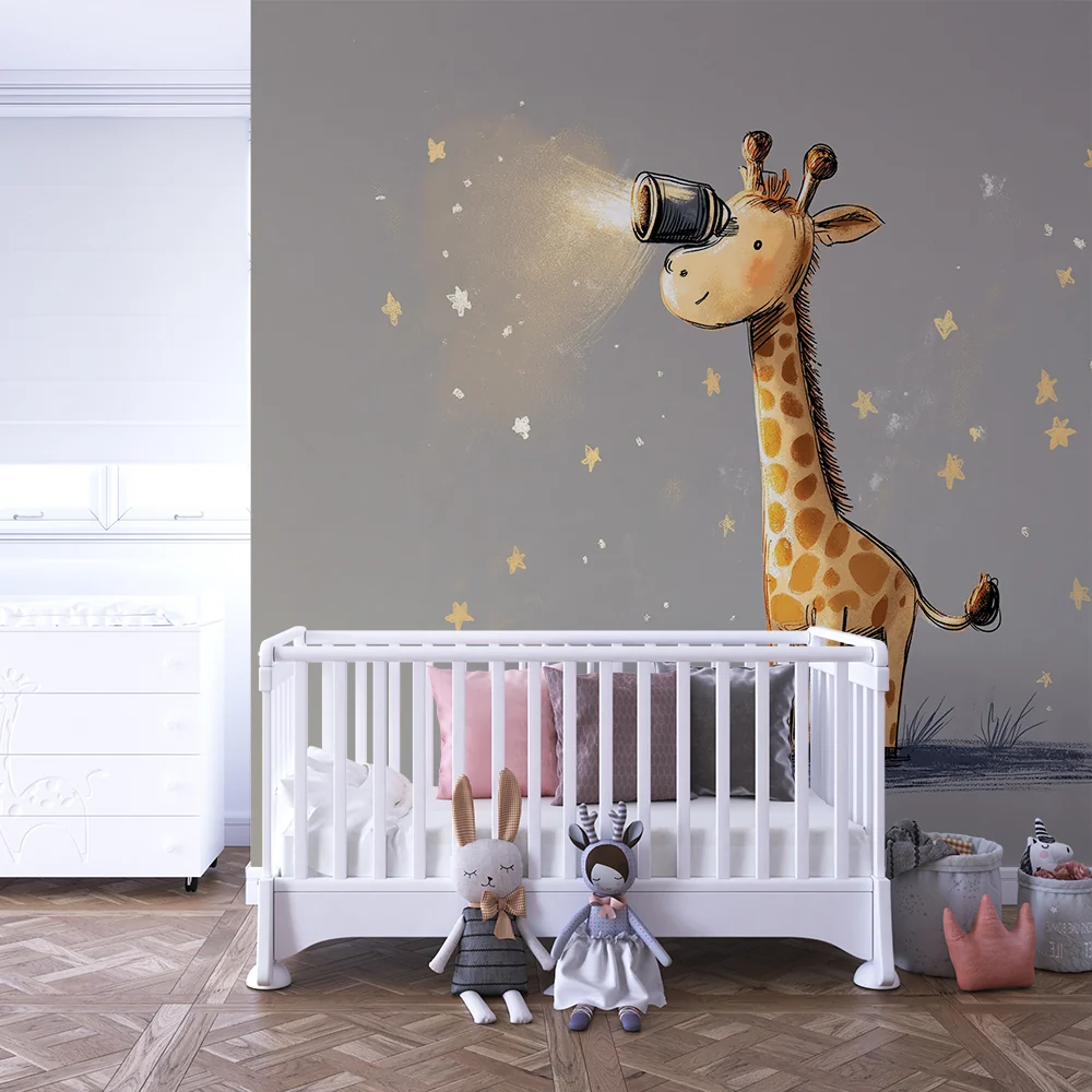 Tapet barnerom | Nysgjerrig giraff under en stjernehimmel