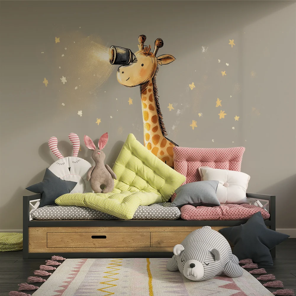 Tapet barnerom | Nysgjerrig giraff under en stjernehimmel