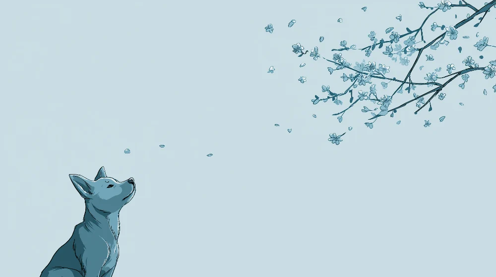 Tapet barnerom | Nysgjerrig hund under en blomstrende vårhimmel