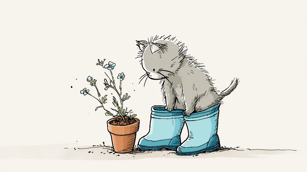 Tapet barnerom | En nysgjerrig katt i hagestøvler med blomster