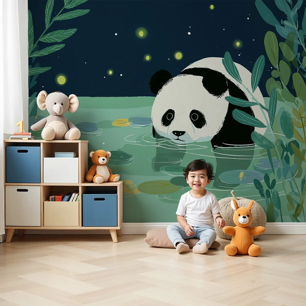 Tapet barnerom | Nysgjerrig panda ved vannkanten under stjernene