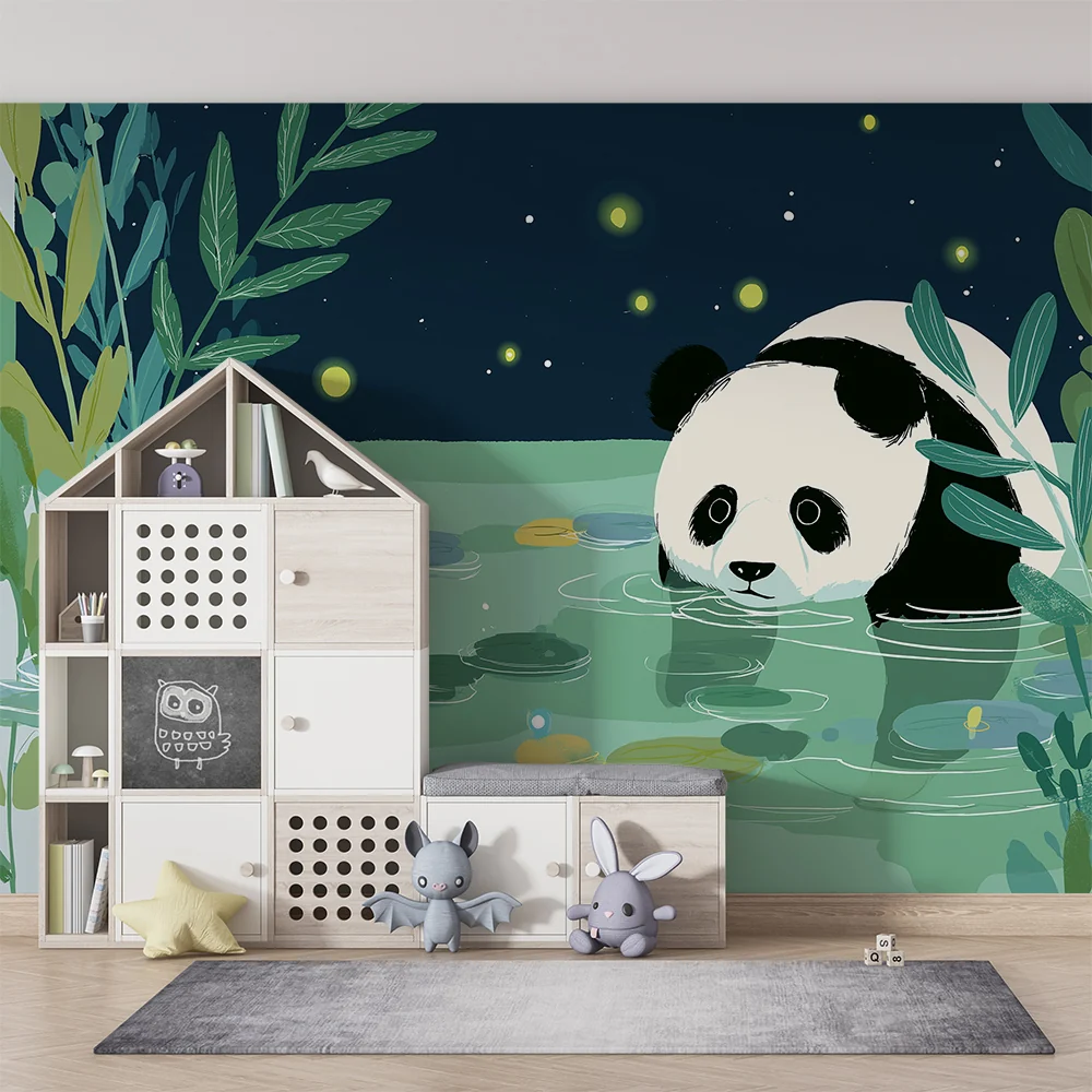 Tapet barnerom | Nysgjerrig panda ved vannkanten under stjernene