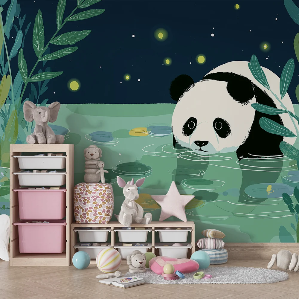 Tapet barnerom | Nysgjerrig panda ved vannkanten under stjernene