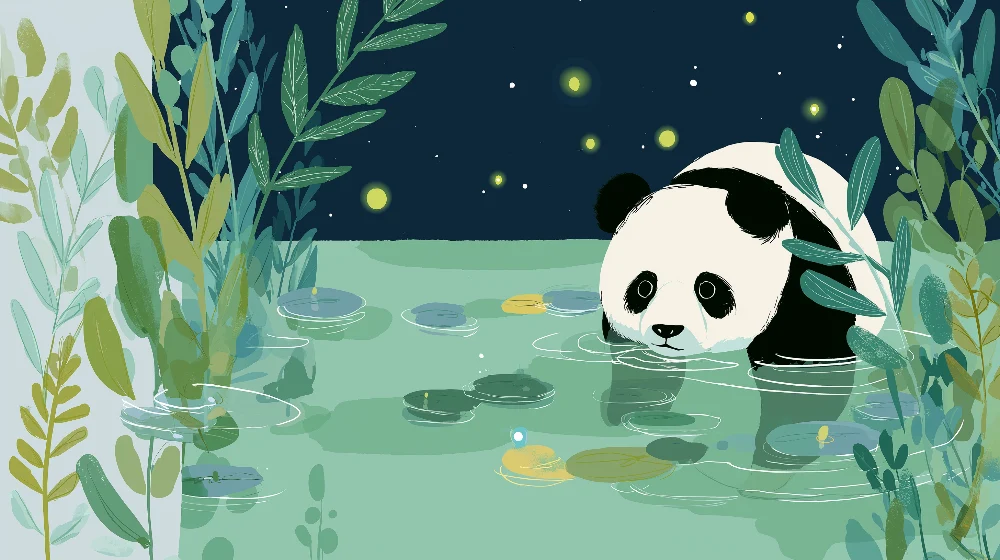 Tapet barnerom | Nysgjerrig panda ved vannkanten under stjernene