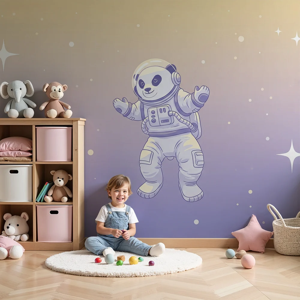 Tapet barnerom | Panda astronaut flyter i en stjerneklar himmel