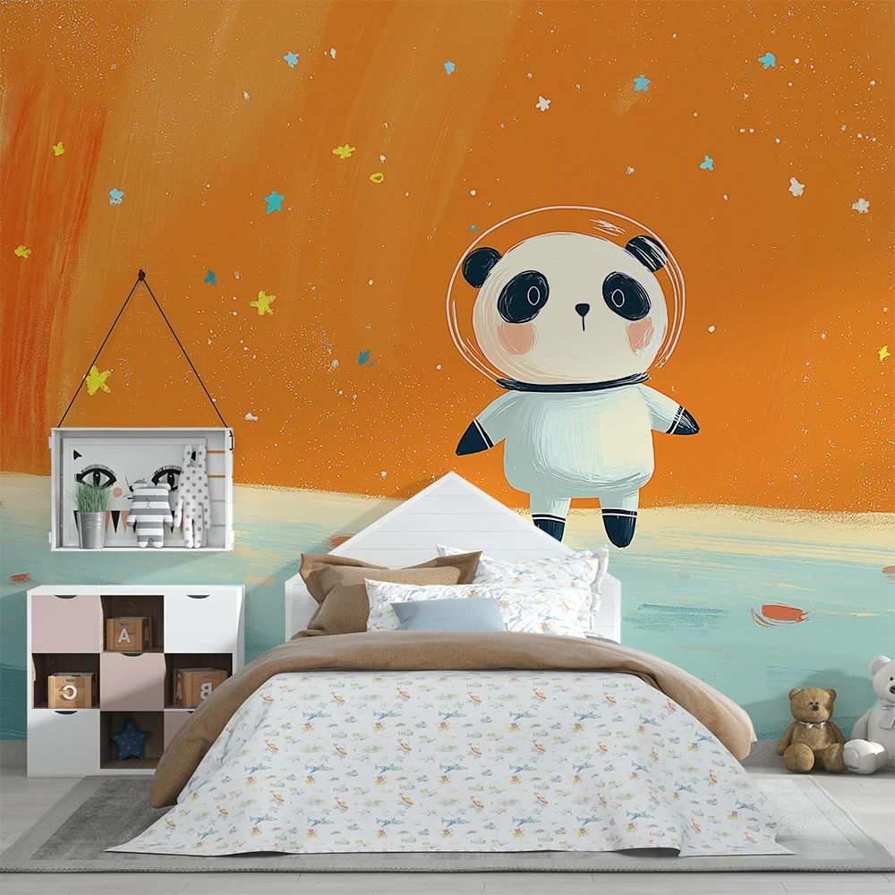 Tapet barnerom | Panda astronaut på oransje stjernehimmel