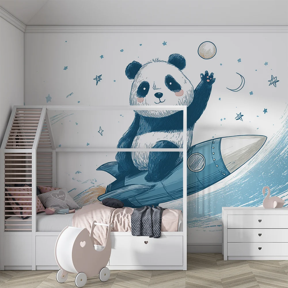Tapet barnerom | Panda astronaut på rakett i verdensrommet