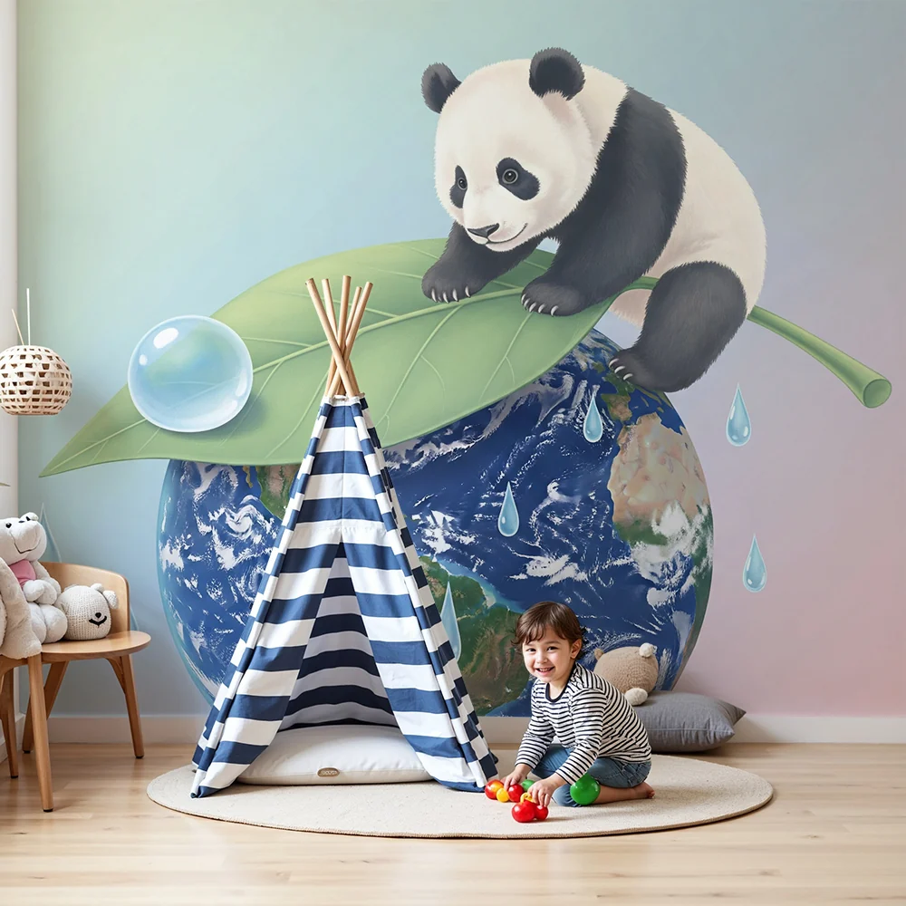 Tapet barnerom | Søt panda på et blad over jorden