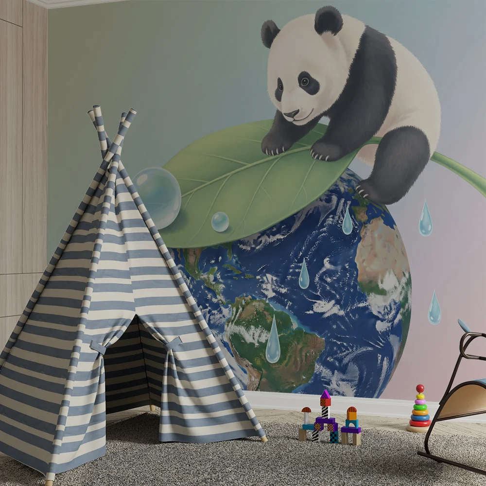 Tapet barnerom | Søt panda på et blad over jorden