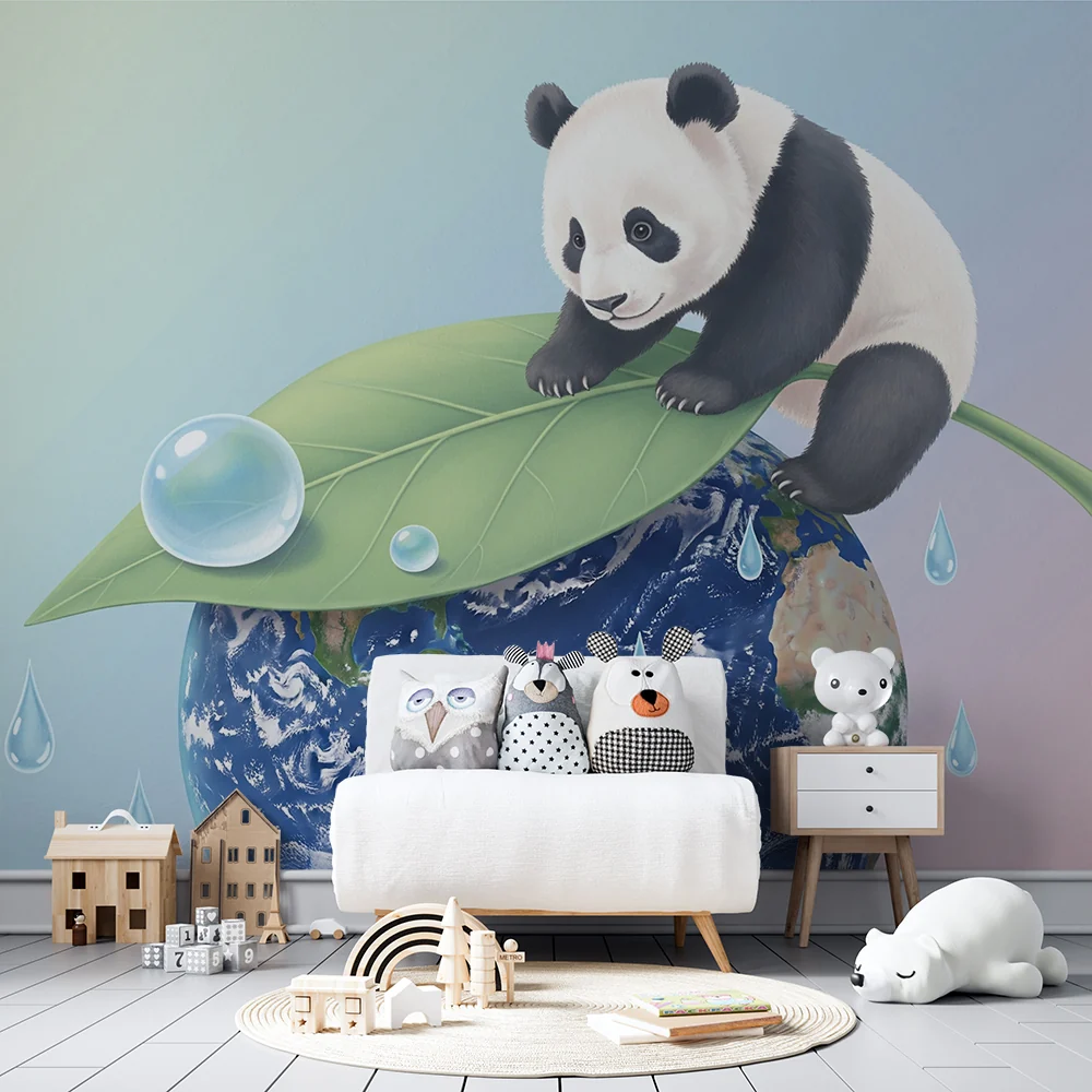 Tapet barnerom | Søt panda på et blad over jorden