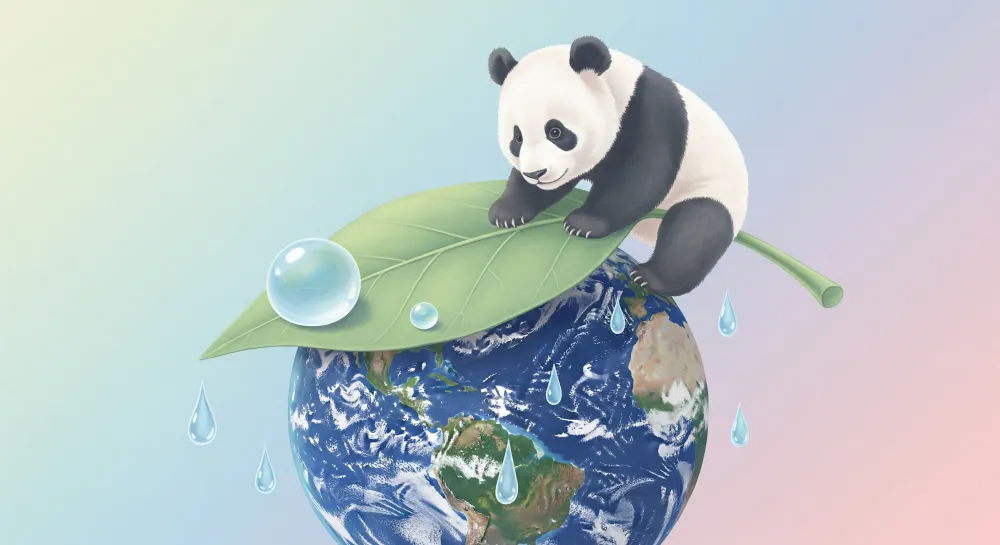 Tapet barnerom | Søt panda på et blad over jorden