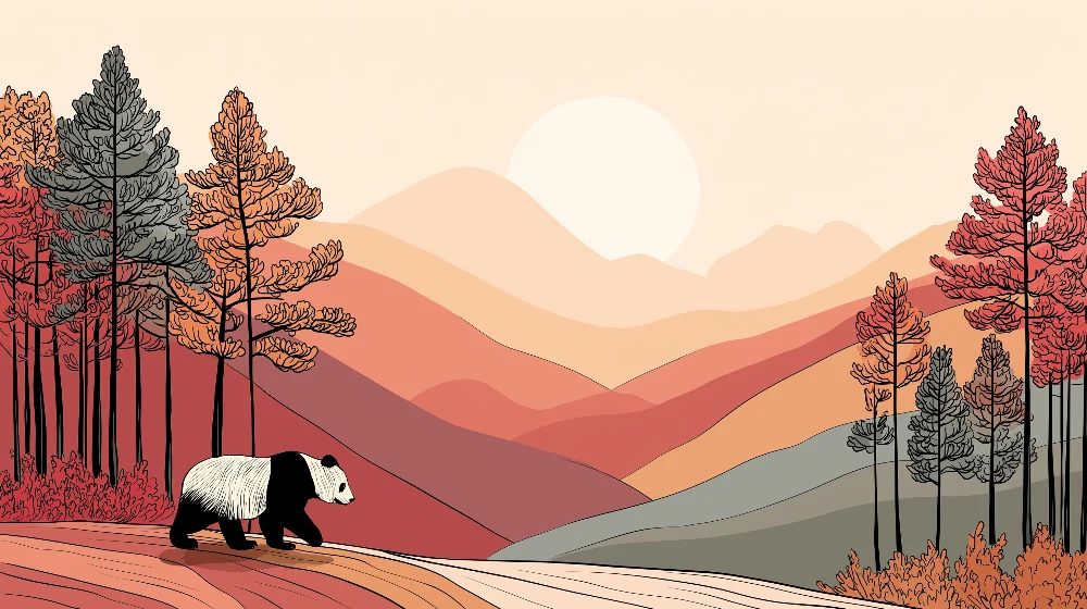 Tapet barnerom | Panda i en høstlandskap med fjell