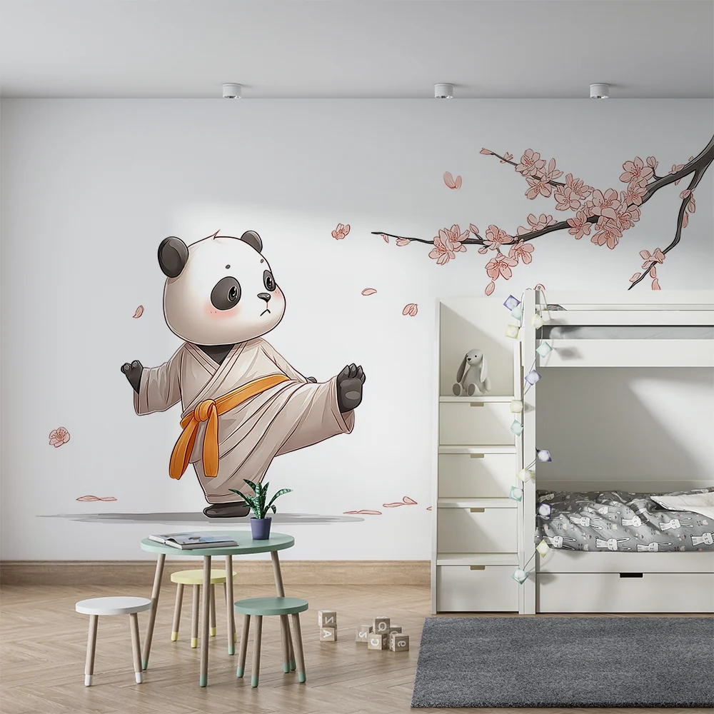 Tapet barnerom | Søt panda i kimono under blomstrende kirsebærtrær