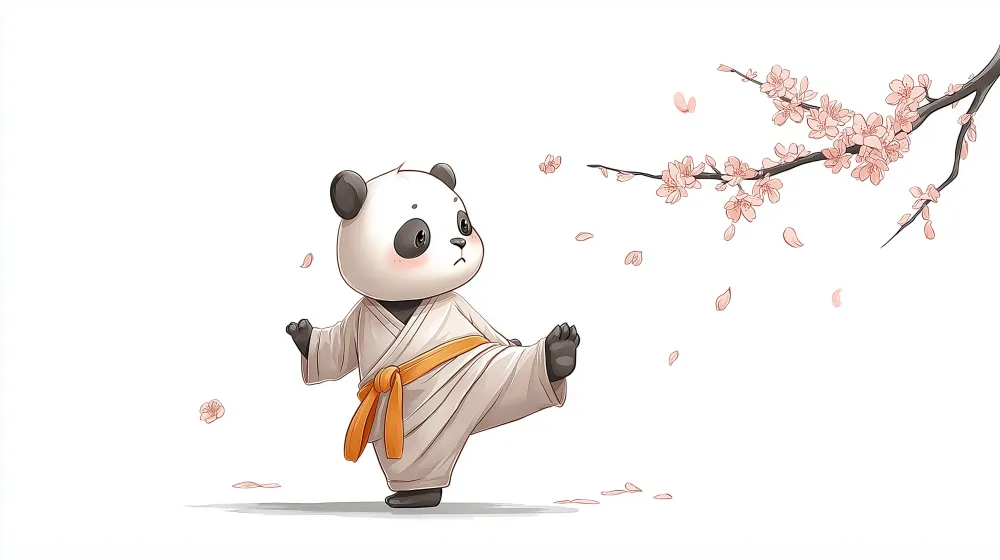 Tapet barnerom | Søt panda i kimono under blomstrende kirsebærtrær