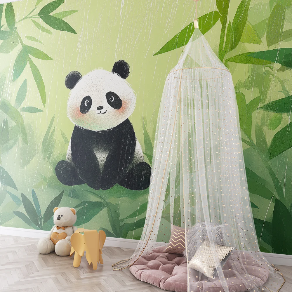 Tapet barnerom | Søt panda midt i bambus under regnet