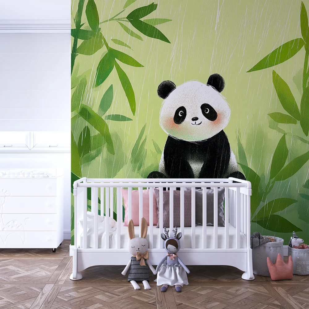 Tapet barnerom | Søt panda midt i bambus under regnet