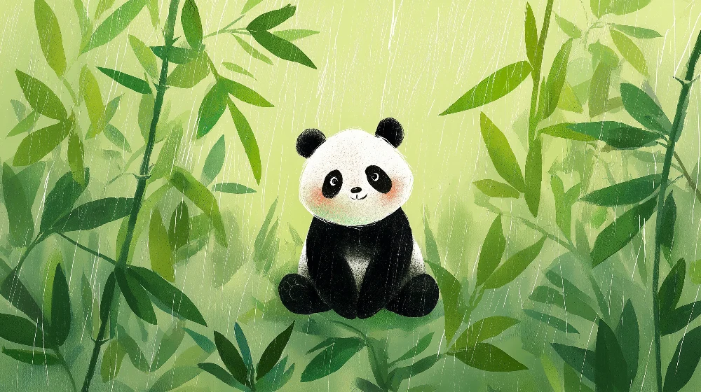 Tapet barnerom | Søt panda midt i bambus under regnet